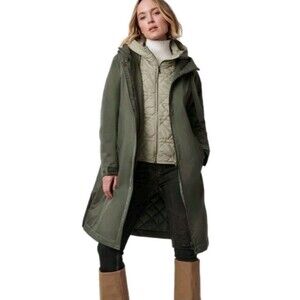 Bernardo Women's Modern Utility Long Raincoat Quilted Bib Dusty Olive Size L